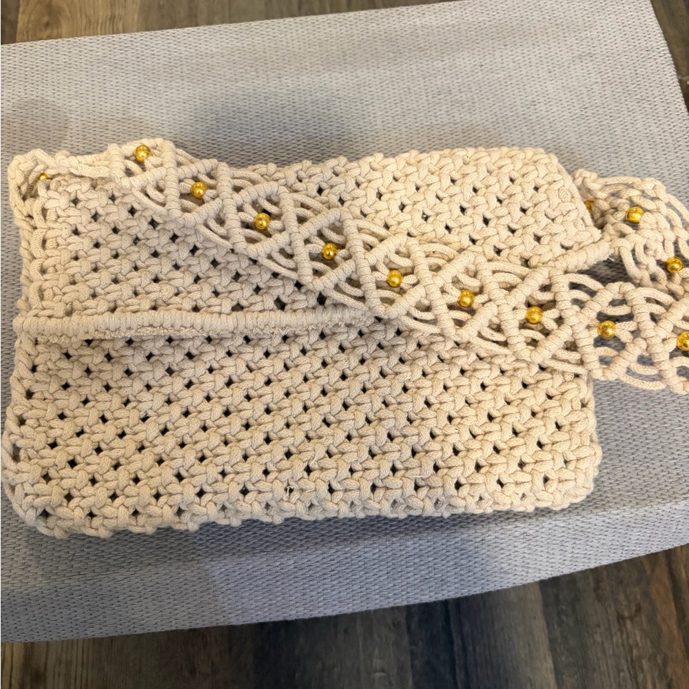 REVOLVE Cream and Gold Crochet Shoulder Bag